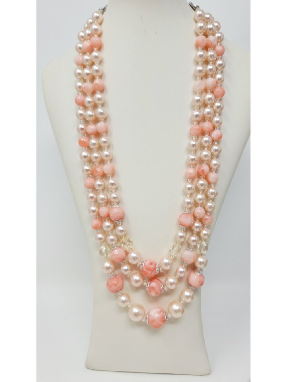 Vintage Japan Pink Pearl Necklace Multi Strand 19.5" Blush Beaded Mid Century